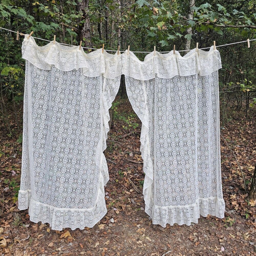 Vintage Ecru Floral Lace Ruffled Curtains 2 Panels Attached Valances Cottagecore